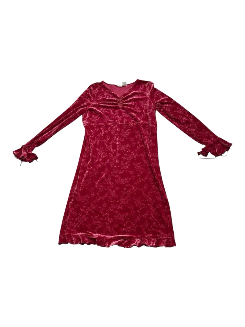 Circo Girls XL 14/16 Red Velvet Floral Dress Long Sleeve Ruched Ruffle Tie Y2K